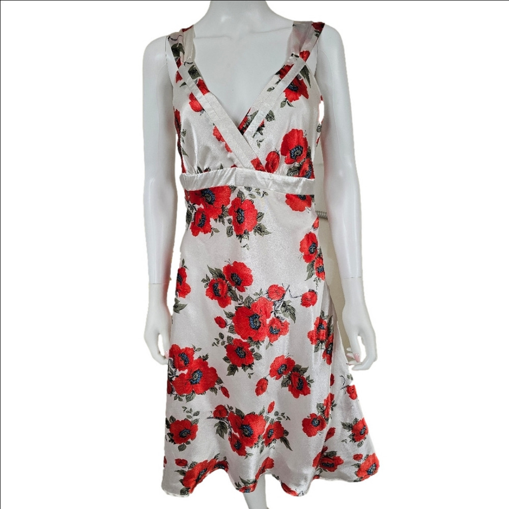 Romy Faux Satin Floral Print Thick Sleeveless V-Neck Midi Dress Size L